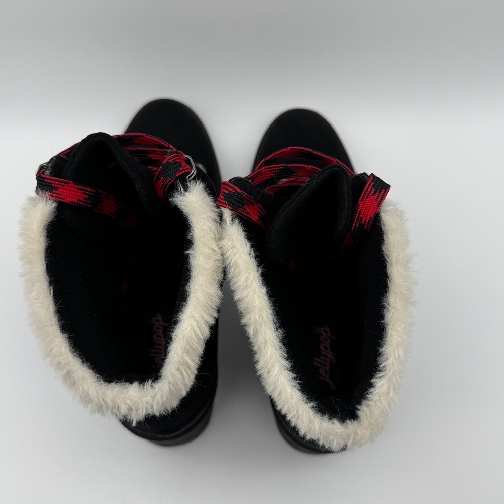 Jellypop Black Heeled Ankle Boots Red Plaid Laces Faux Fur Trim Lug Sole Size 9M - Picture 11 of 13